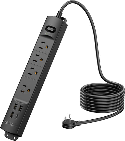 Power Strip Surge Protector Flat Plug, 4 AC Outlets & 4 USB Ports, 6Ft Long Extension Cord, 1440 Joules, Wall Mount for Workbench, Nightstand, Dresser, Home, Office, Desk, Black