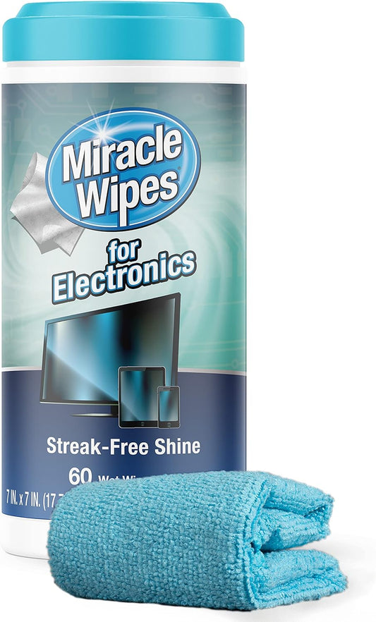 Miraclewipes for Electronics Cleaning - Screen Wipes Designed for TV, Phones, Monitors and More - Includes Microfiber Towel - (60 Count)